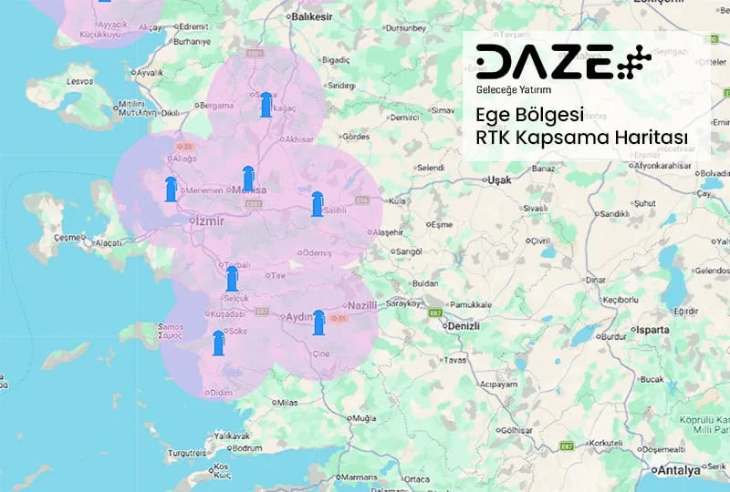 Daze Tarım CORS RTK kapsama haritası — Ege Bölgesi: İzmir, Manisa ve Aydın istasyonları